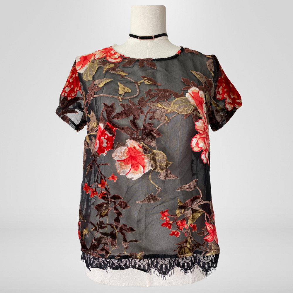 Rewind Womens Y2K‎ Velvet Burnout Top Size S Dark Floral Whimsigoth Fairy Vampy